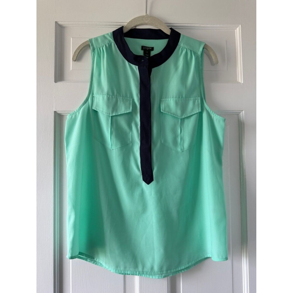 J. CREW COLLARLESS SLEEVELESS NAVY BLUE MINT GREEN BUTTON POPOVER TOP 10